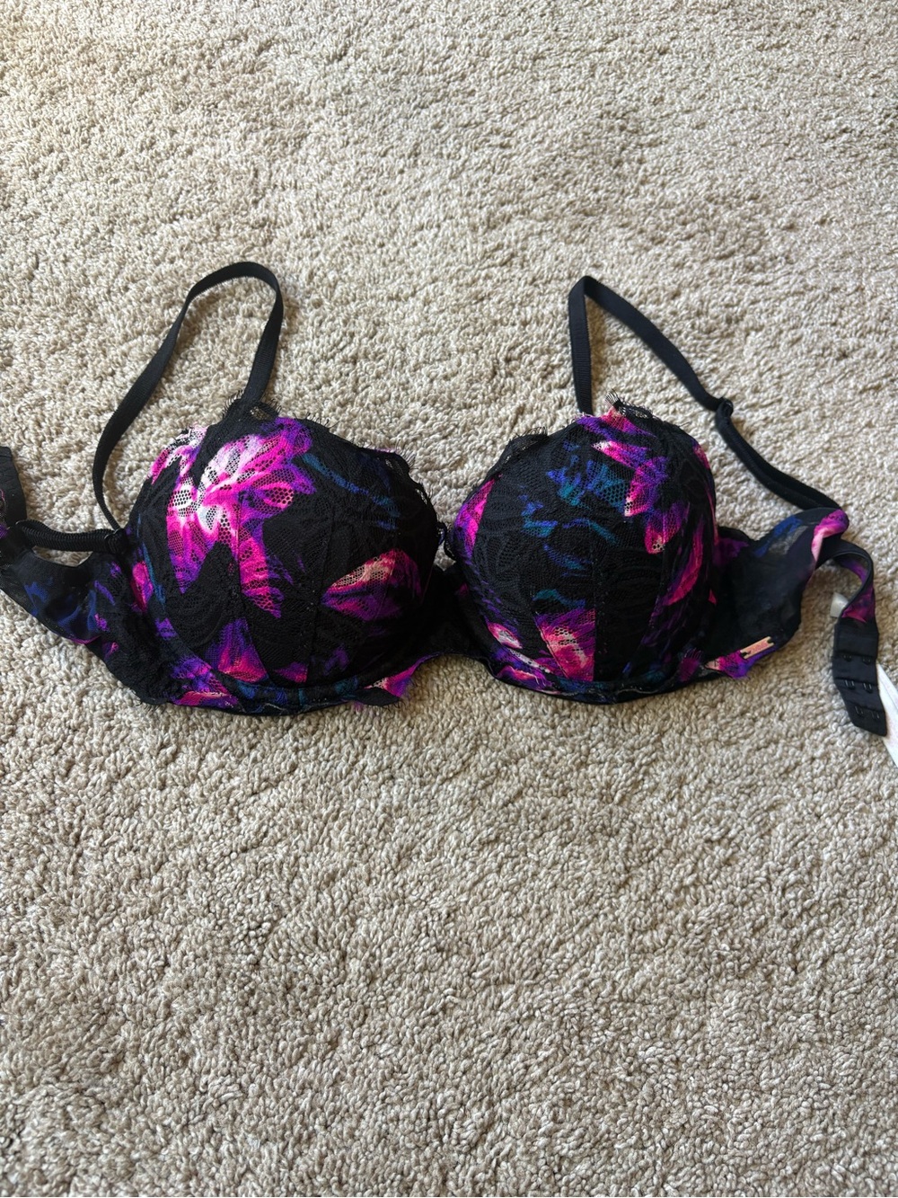 PINK Victoria's Secret Black Lace Bra with Pink & Purple Floral Accents